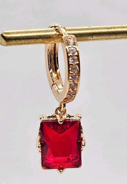 Gold Red Rectangle Hoop Earrings CZ Pavé Huggie Cushion Drop Dangle UK