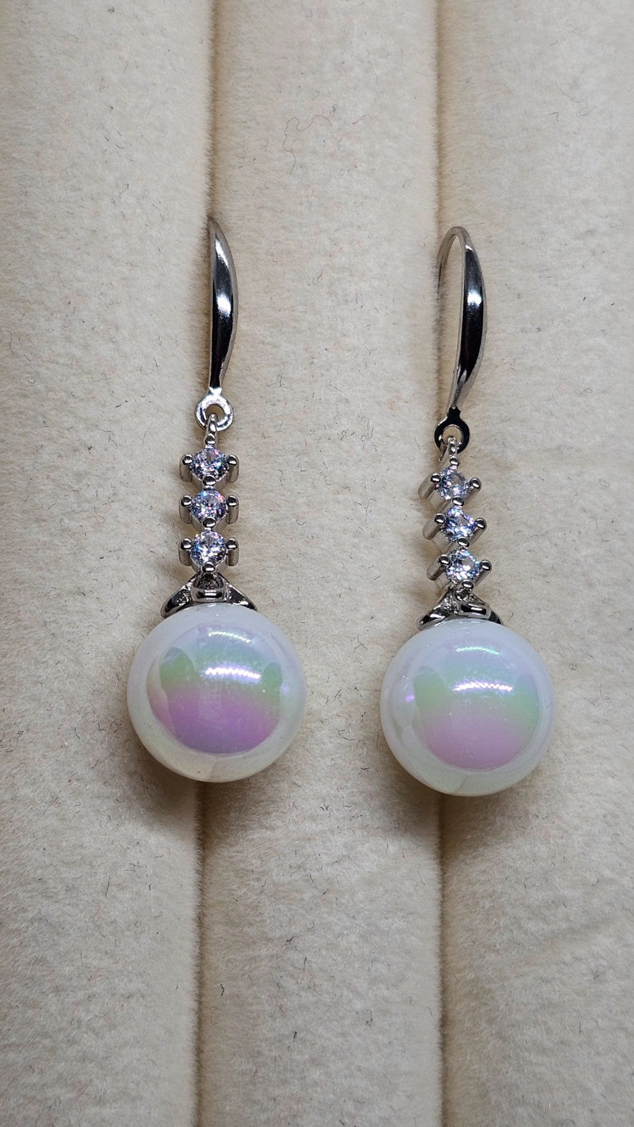 Silver Crystal White Pearl Drop Earrings Dangle Bridal Wedding Elegant Jewelry