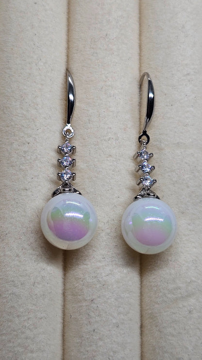 Silver Crystal White Pearl Drop Earrings Dangle Bridal Wedding Elegant Jewelry