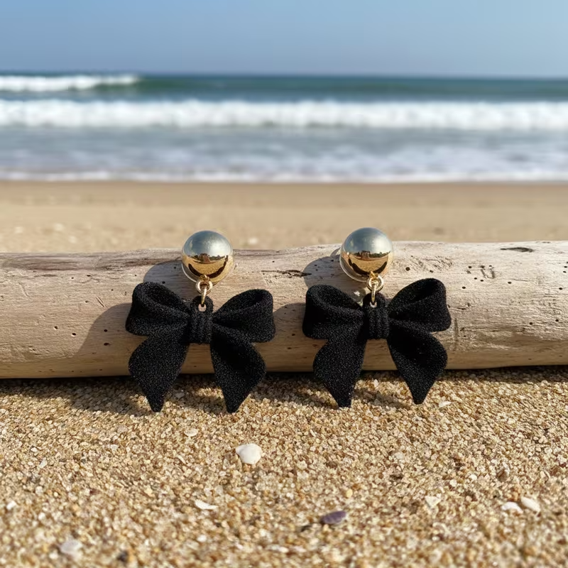 Black Velvet Bow Drop Earrings Gold Tone Statement Fashion Jewellery