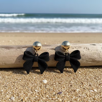Black Velvet Bow Drop Earrings Gold Tone Statement Fashion Jewellery