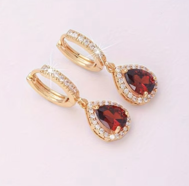 Gold Plated Drop Earrings Red Crystal Halo Pear CZ Dangle Huggie Women Gift