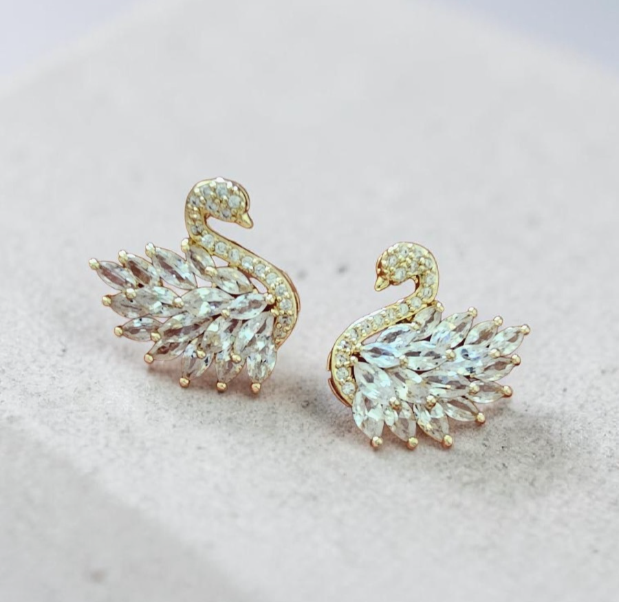 Sparkly Gold Tone Swan Crystal Stud Earrings Elegant Statement Bridal Gift