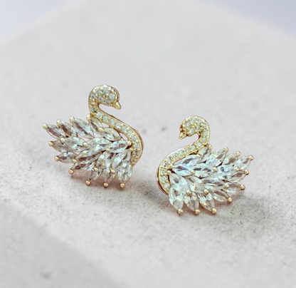 Sparkly Gold Tone Swan Crystal Stud Earrings Elegant Statement Bridal Gift