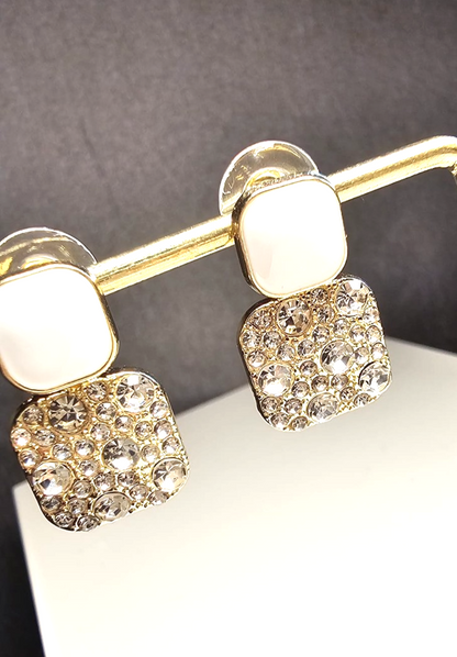 ​Gold Square Drop Earrings White Enamel Rhinestone Geometric Vintage Dangle Gift