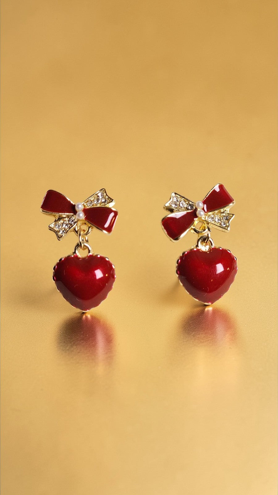 Romantic Red Heart Drop Earrings Gold Tone Bow Crystal Dangle Earrings Cute Gift