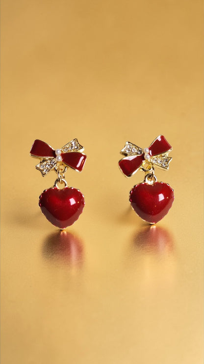 Romantic Red Heart Drop Earrings Gold Tone Bow Crystal Dangle Earrings Cute Gift