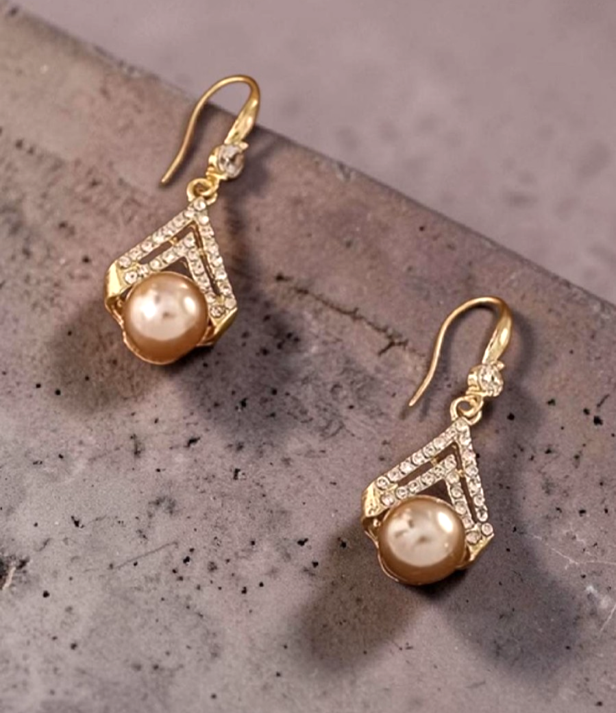 Gold Champagne Pearl Drop Earrings Crystal Geometric Dangle Bridal Banquet Gift
