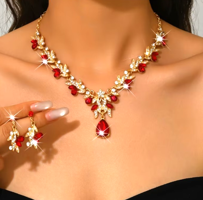 Vintage Gold Red Crystal Statement Necklace Earrings Set Costume Jewellery Gift