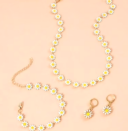 4PCS Daisy Jewellery Set Necklace Bracelet Earrings Floral Gold Tone Cute Boho G