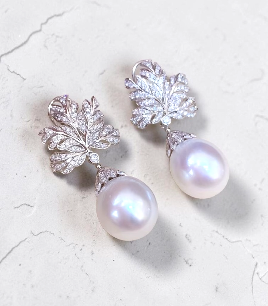Fan Leaf Drop Earrings Imitation Pearl CZ Micro Pave Silver Tone Women Gift Brid