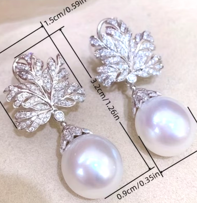 Fan Leaf Drop Earrings Imitation Pearl CZ Micro Pave Silver Tone Women Gift Brid