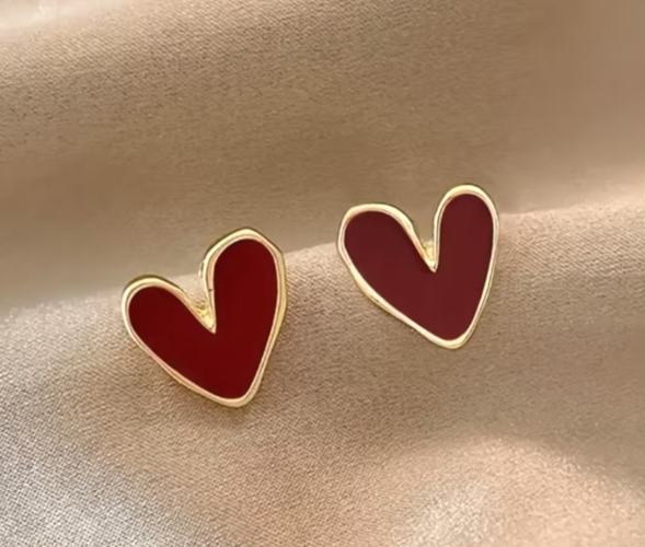 Gold Deep Red Heart Stud Earrings Vintage Boho Dainty Burgundy Minimalist Gift
