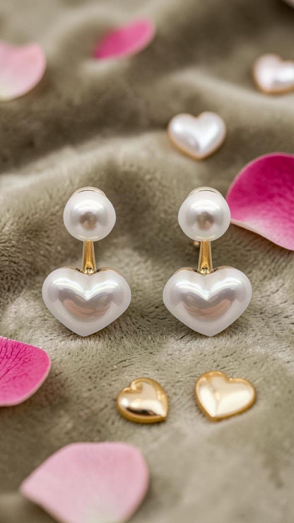 2-in-1 Faux Pearl Heart Ear Jacket Stud Earrings Gold Tone Retro Classic Gift
