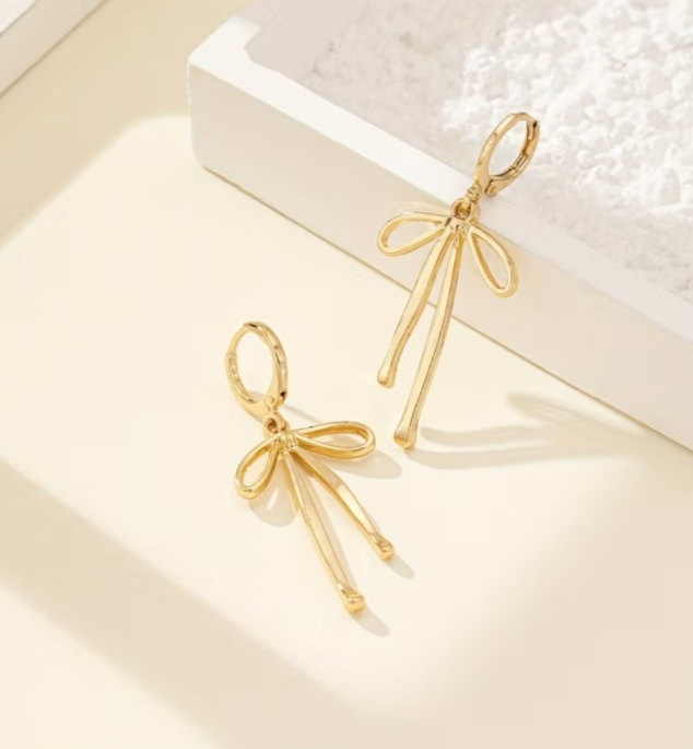 Gold Ribbon Bow Huggie Earrings Dainty Ribbon Drop Hoop Coquette Balletcore Gift