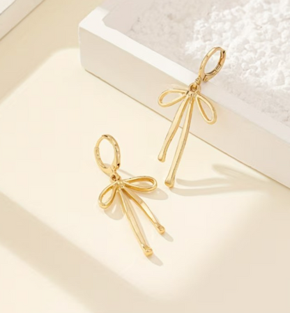 Gold Ribbon Bow Huggie Earrings Dainty Ribbon Drop Hoop Coquette Balletcore Gift
