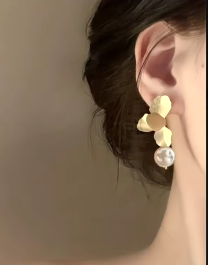 ​Gold Petal Drop Earrings Baroque Imitation Pearl Flower Dangle Vintage French