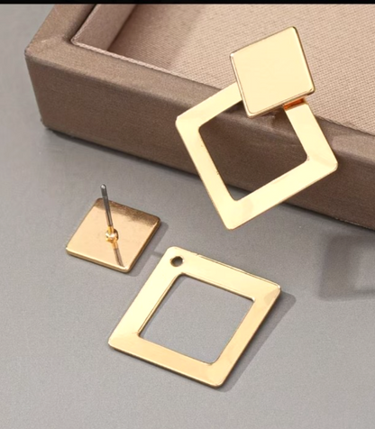 Golden Geometric Earrings Double Layer Square Rhombus Drop Minimalist Studs 3cm