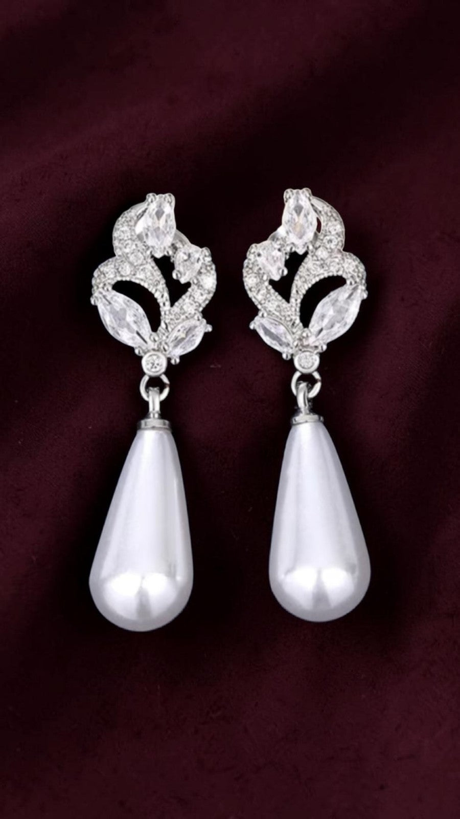 ​Silver Pearl Drop Earrings Bridal Crystal Marquise Flower Wedding Teardrop Gift
