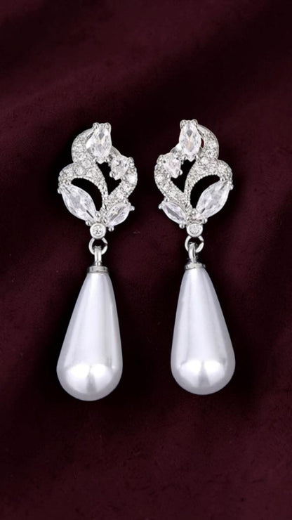 ​Silver Pearl Drop Earrings Bridal Crystal Marquise Flower Wedding Teardrop Gift