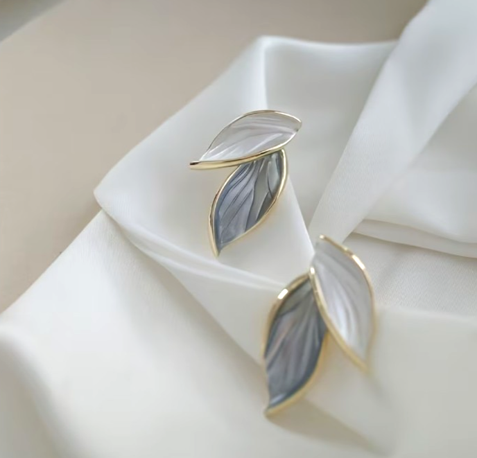 ​Gold Enamel Leaf Earrings Minimalist Contrasting Grey White Plant Studs Gift
