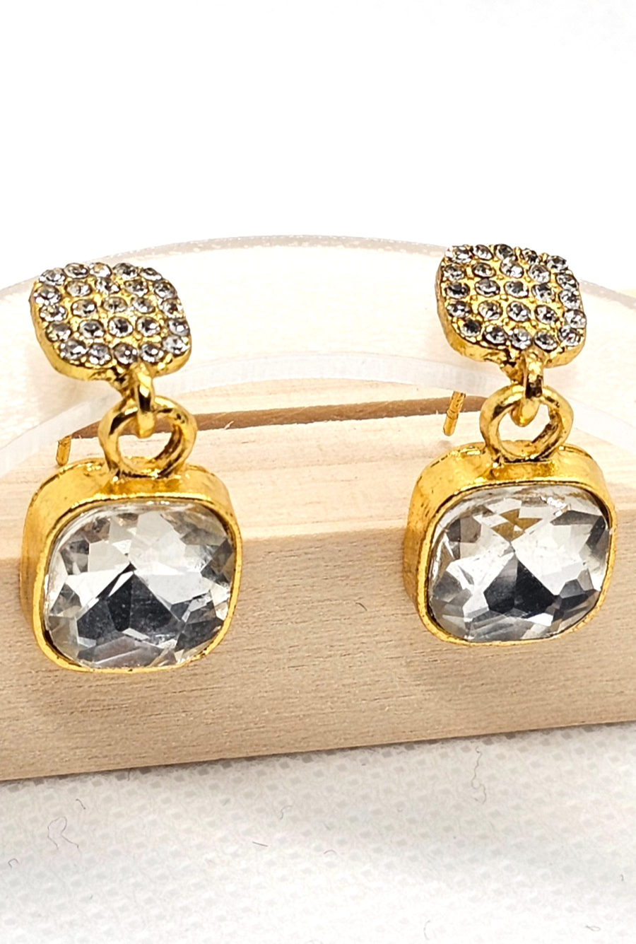 ​Gold Cushion Cut Drop Earrings Vintage Square Crystal Dangle Geometric Studs