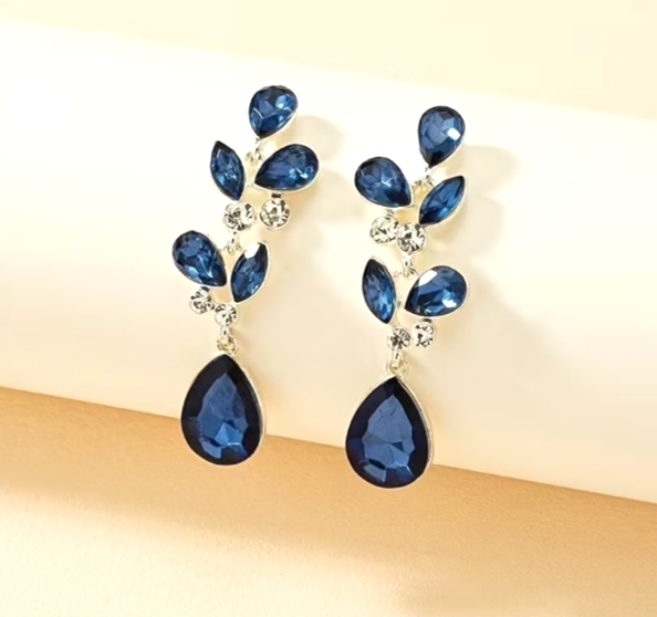 Silver Leaf Teardrop Earrings Blue Marquise Gem Cluster Statement Prom Dangle UK