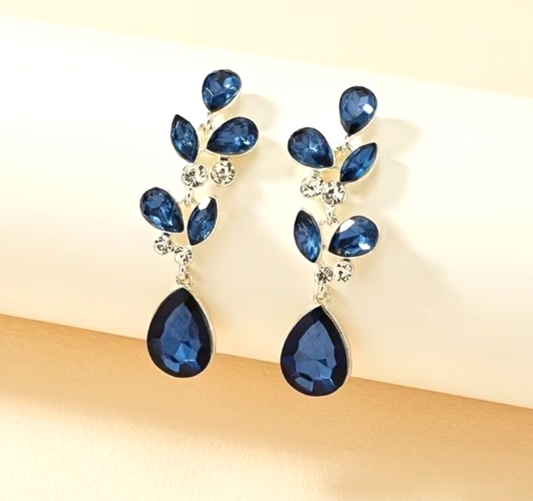 Silver Leaf Teardrop Earrings Blue Marquise Gem Cluster Statement Prom Dangle UK