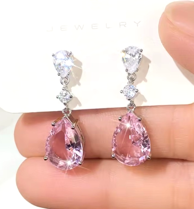 Pink Tear Drop Earrings Silver Crystal Dangle Pear Cut Bridal Wedding Prom Gift