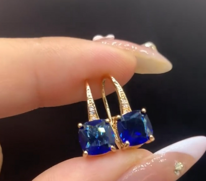 Gold Blue Sapphire Drop Earrings Cushion Cut Leverback Cushion Dangle UK