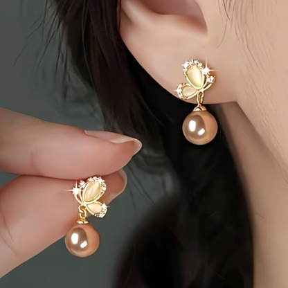 Gold Champagne Pearl Earrings Cute Sparkling Crystal Butterfly Drop Dangle Gift