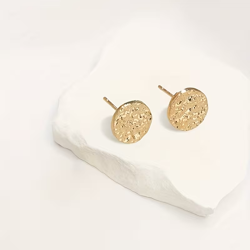 Gold Textured Round Stud Earrings Hammered Disc Circle Studs Womens Jewellery