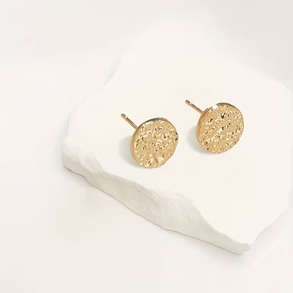 Gold Textured Round Stud Earrings Hammered Disc Circle Studs Womens Jewellery