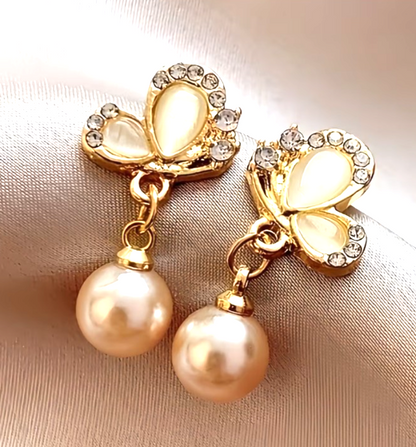 Gold Champagne Pearl Earrings Cute Sparkling Crystal Butterfly Drop Dangle Gift
