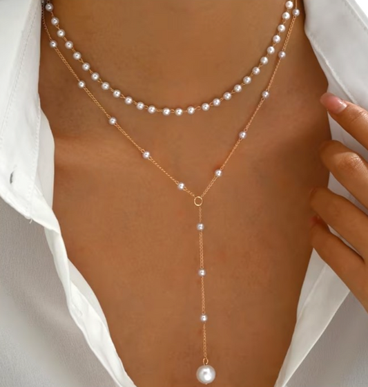 ​Gold Layered Pearl Choker Necklace Y Lariat Drop Tassel Pendant Long Chain Gift