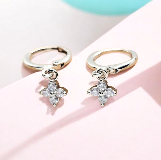 Silver Tone Flower Drop Hoop Earrings Crystal Dangle Floral Earrings Minimalist