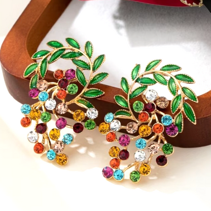 Gold Multi Colour Cluster Earrings Crystal Mori Leaf Drop Boho Festival Gift