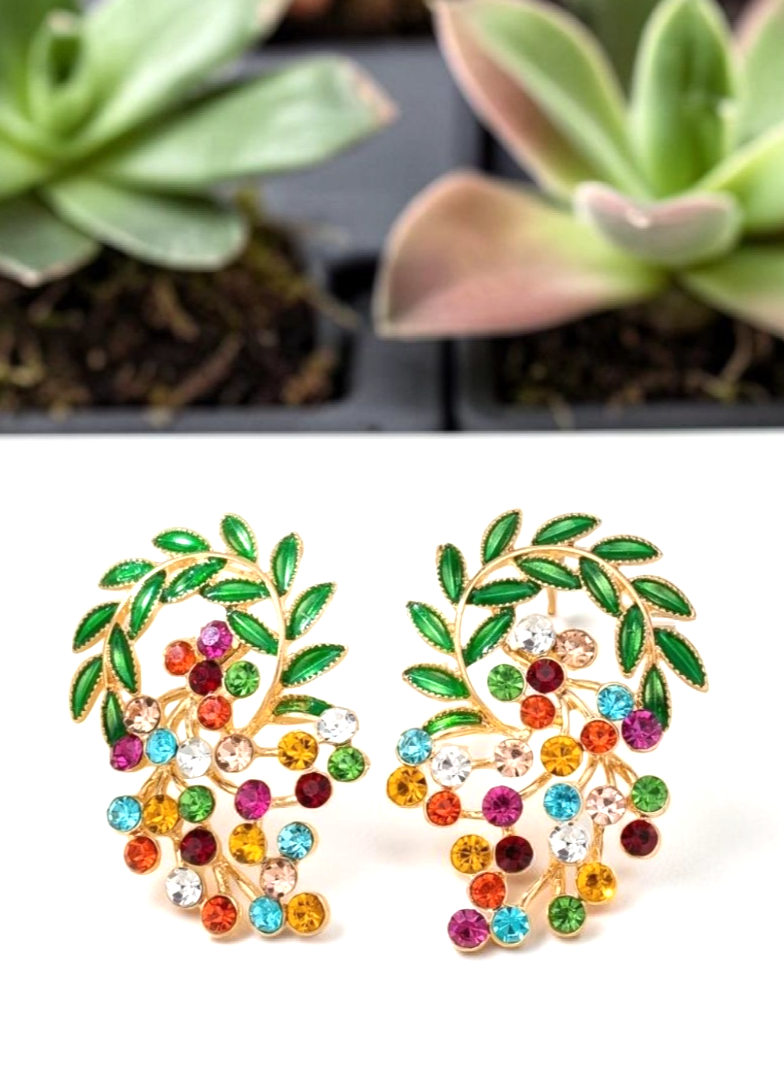 Gold Multi Colour Cluster Earrings Crystal Mori Leaf Drop Boho Festival Gift