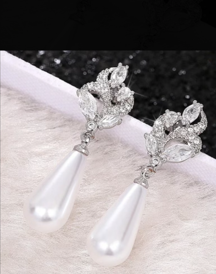 ​Silver Pearl Drop Earrings Bridal Crystal Marquise Flower Wedding Teardrop Gift