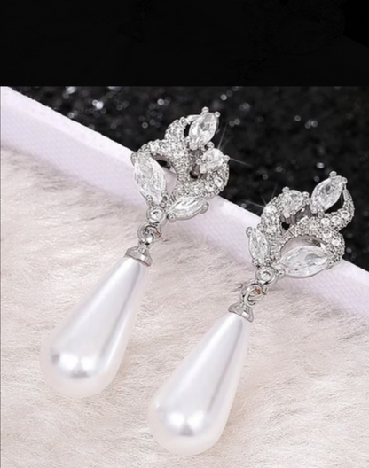 ​Silver Pearl Drop Earrings Bridal Crystal Marquise Flower Wedding Teardrop Gift