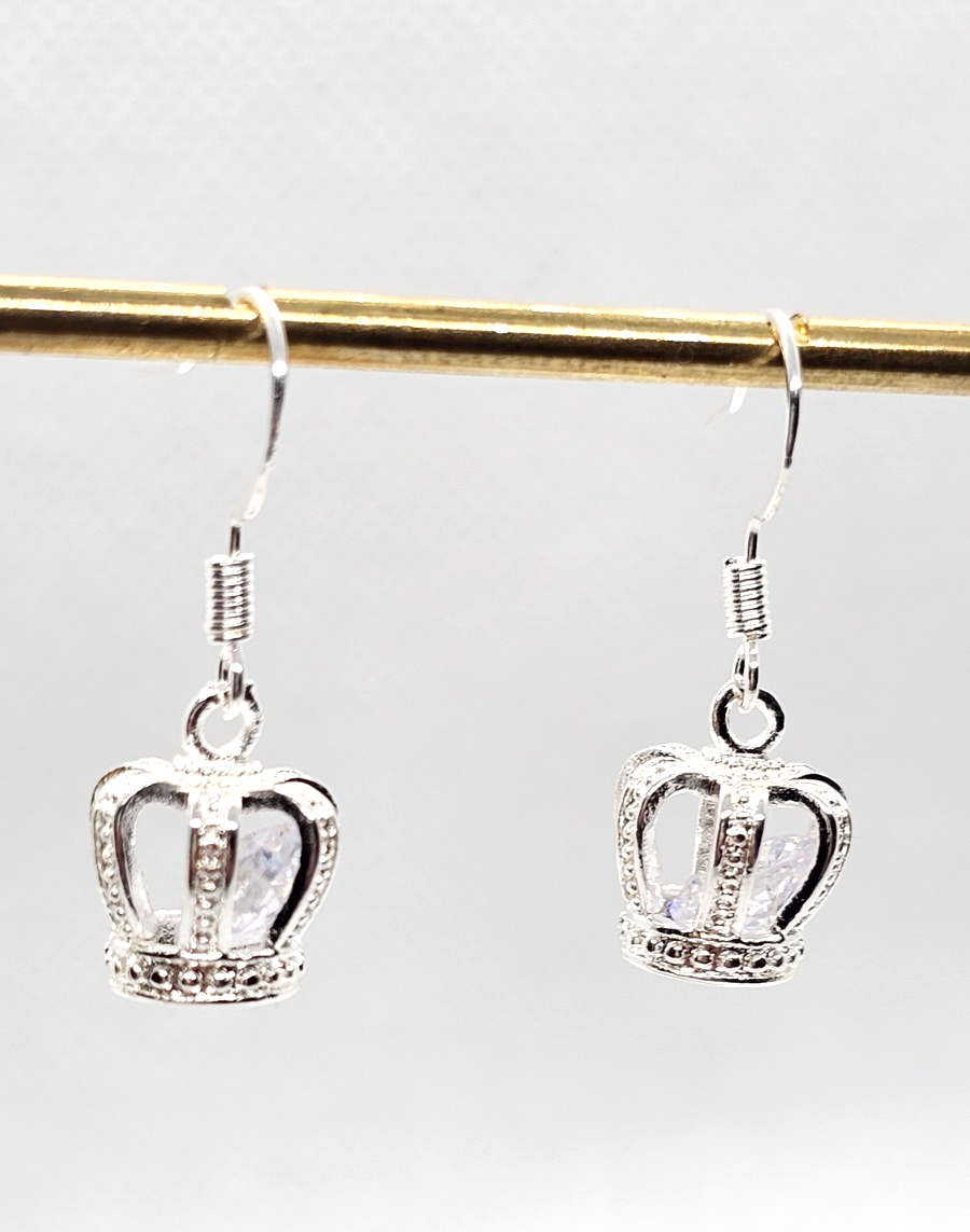 Silver Crown Drop Earrings • Sparkly Gemstone • Princess Style • Gift for Her