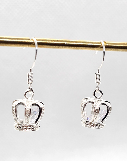 Silver Crown Drop Earrings • Sparkly Gemstone • Princess Style • Gift for Her