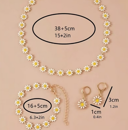 4PCS Daisy Jewellery Set Necklace Bracelet Earrings Floral Gold Tone Cute Boho G