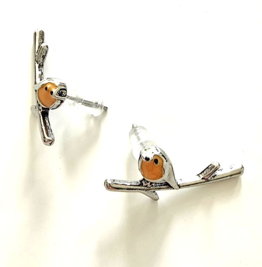 ​Silver Robin Bird Stud Earrings Redbreast Climber Ear Crawlers Cute Wildlife