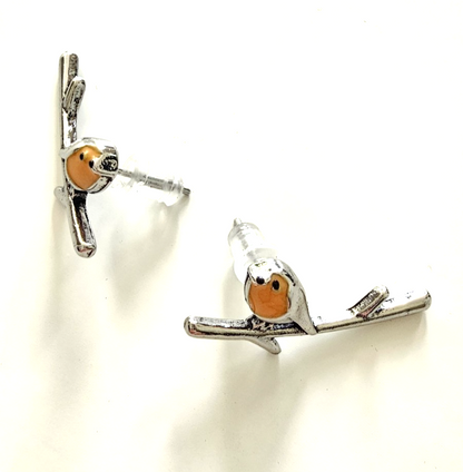 ​Silver Robin Bird Stud Earrings Redbreast Climber Ear Crawlers Cute Wildlife