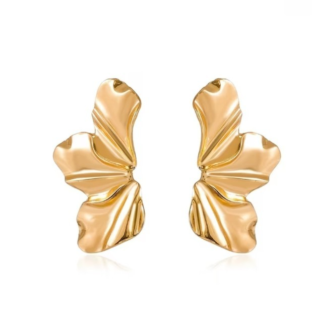 ​Gold Abstract Statement Stud Earrings Wavy Liquid Metal Large Textured Flower