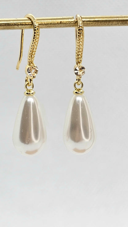 ​Gold Pearl Drop Earrings Teardrop Dangle Bridal Wedding Cream Faux Pearl Hooks