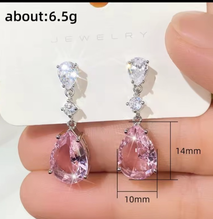 Pink Tear Drop Earrings Silver Crystal Dangle Pear Cut Bridal Wedding Prom Gift