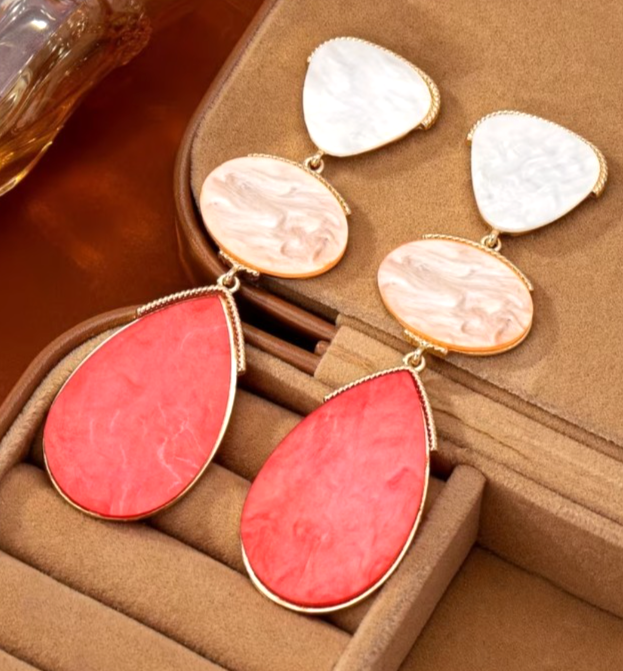 Gold Pink Coral Drop Earrings Large Multi Layer Marble Geometric Statement Gift