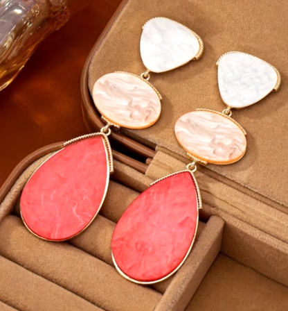 Gold Pink Coral Drop Earrings Large Multi Layer Marble Geometric Statement Gift